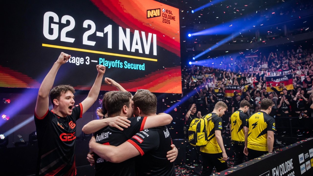 G2 Esports celebrate a 2-1 win over NAVI on stage at IEM Cologne Major
